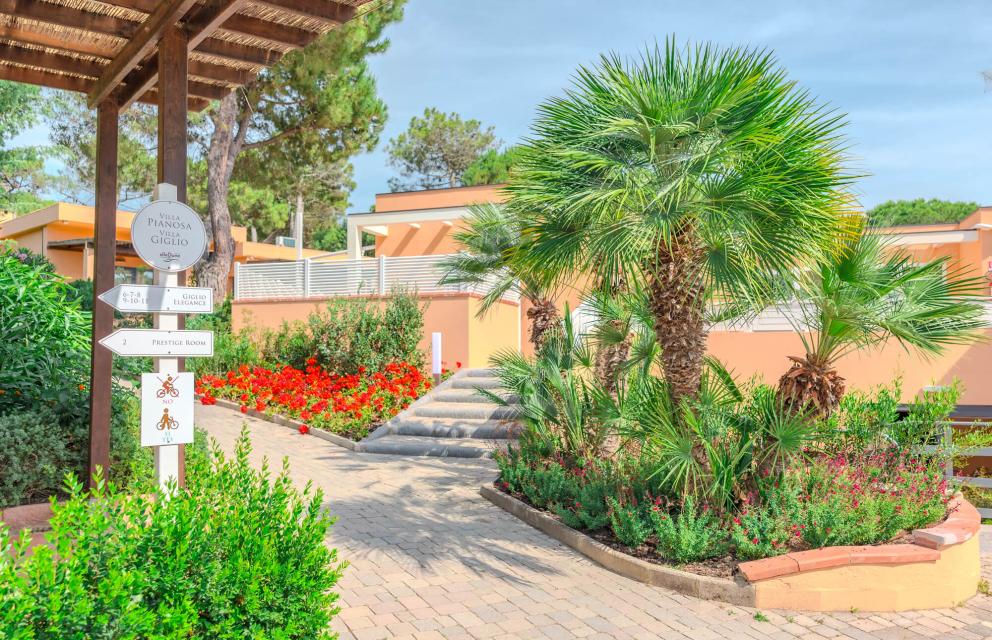 Giardino con palme e fiori colorati vicino a una villa.